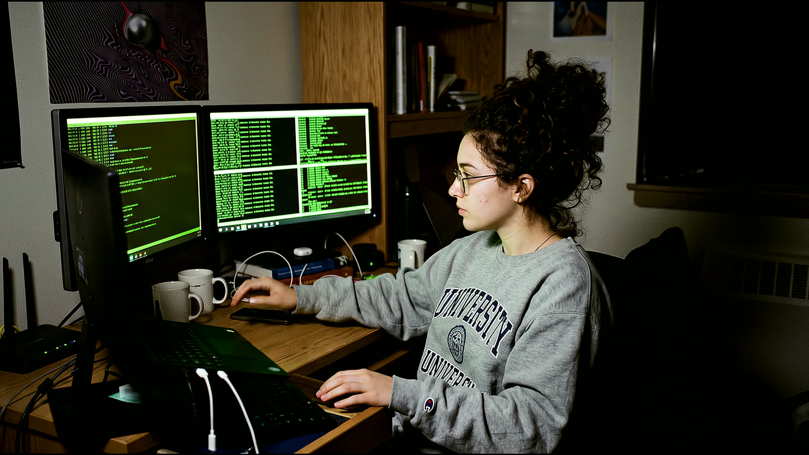 Estudiante de teleco frente a cuatro terminales
