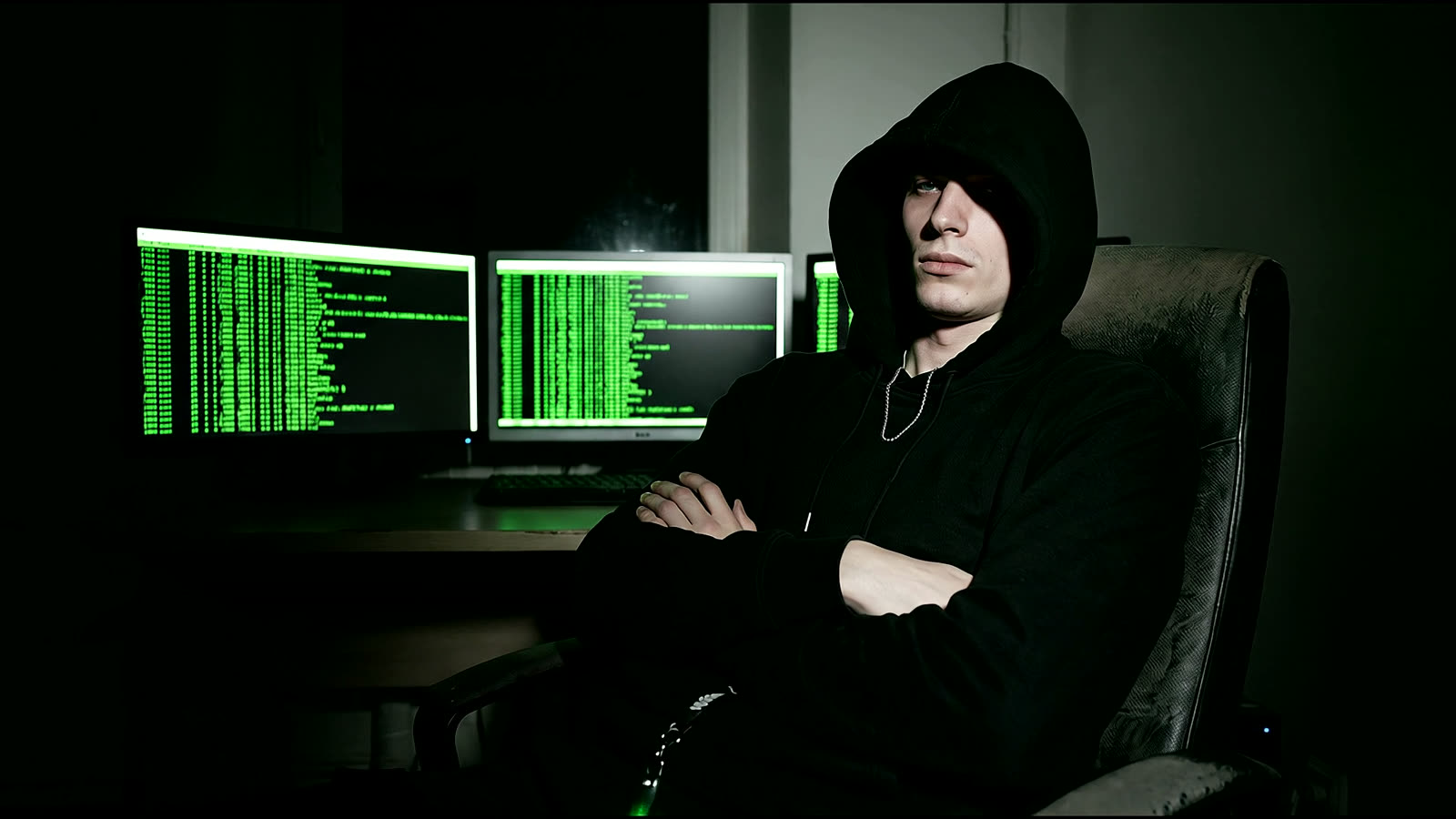 Hacker con los brazos cruzados mientras sus pantallas trabajan solas
