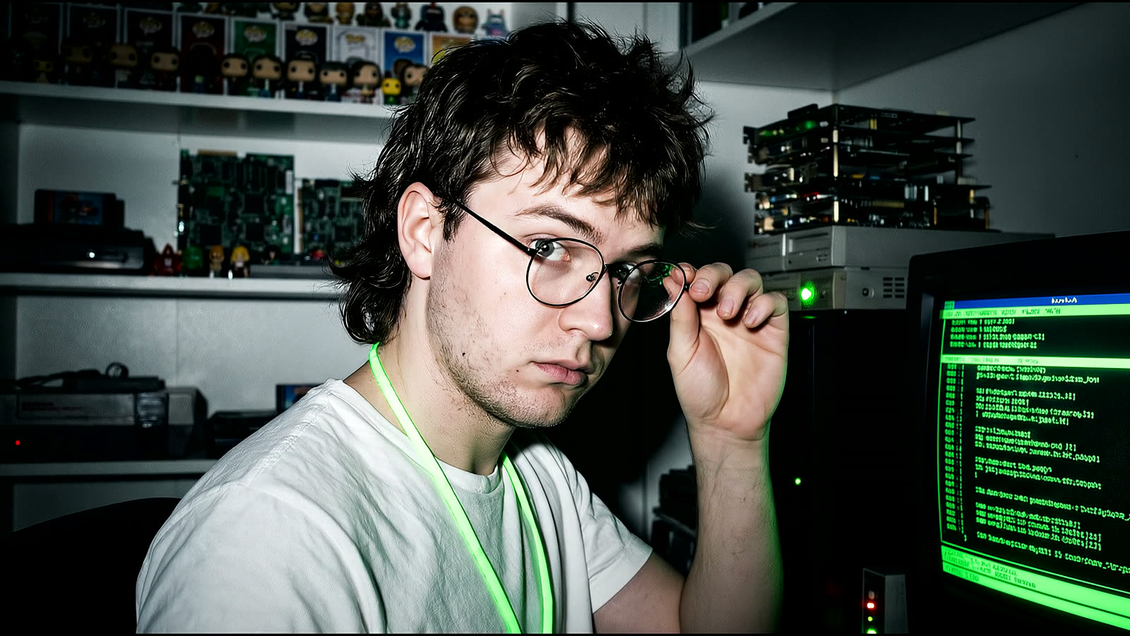 Geek mirando a cámara en su cuarto